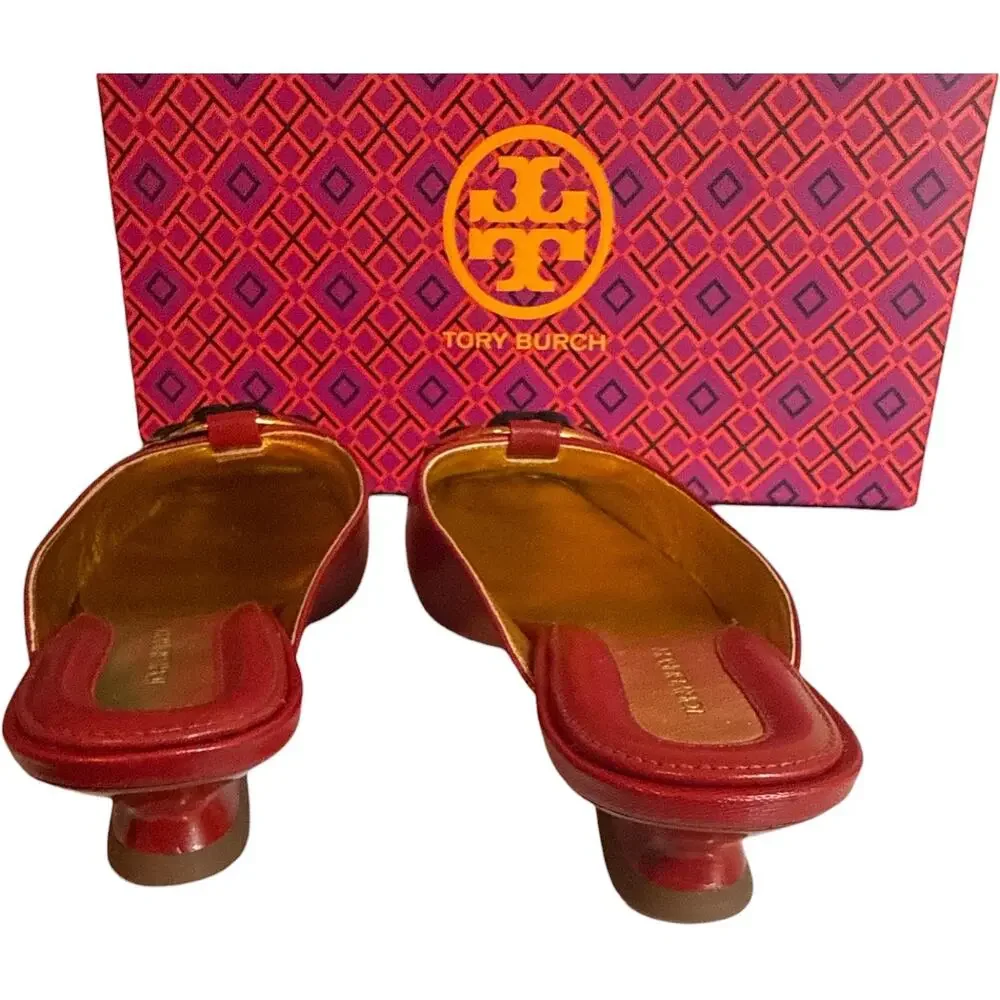 Tory Burch Woven Logo Kitten Heel Mules Red Leather Size 7.5 New With Box